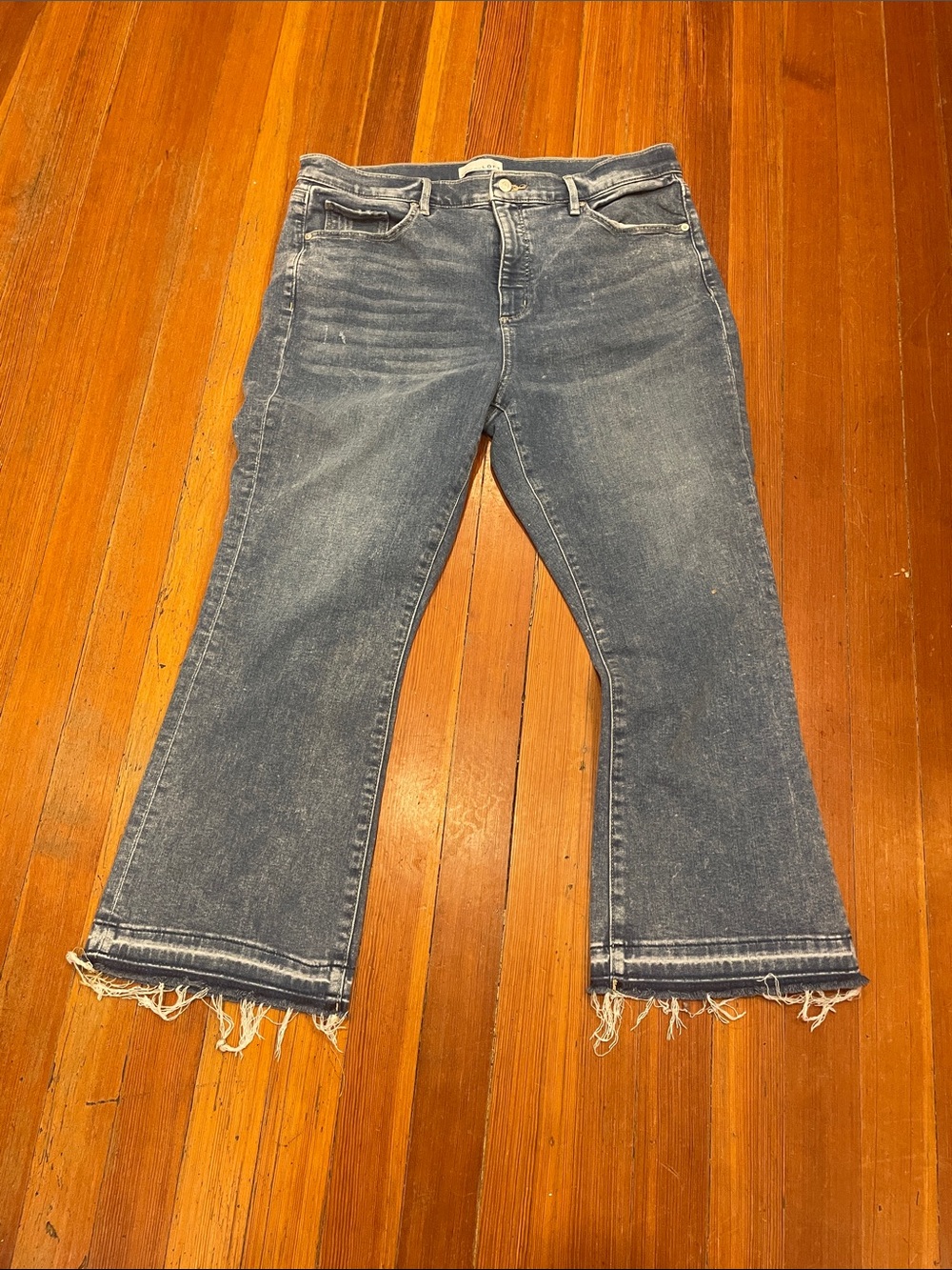 LOFT Dark Blue Kick Crop Jeans with Frayed Hem
